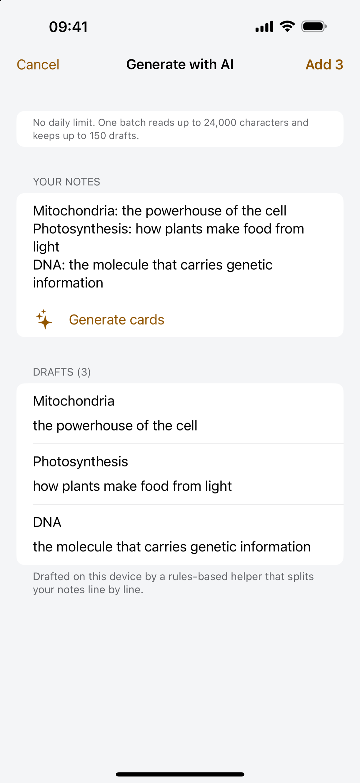 Notes and draft flashcards in Deckmere on iPhone, ready to check and keep