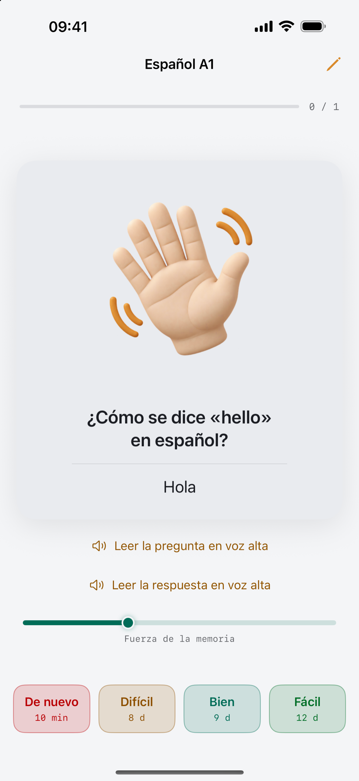 Una tarjeta de estudio de Deckmere en iPhone con la respuesta revelada y las cuatro calificaciones, cada una mostrando su siguiente intervalo.
