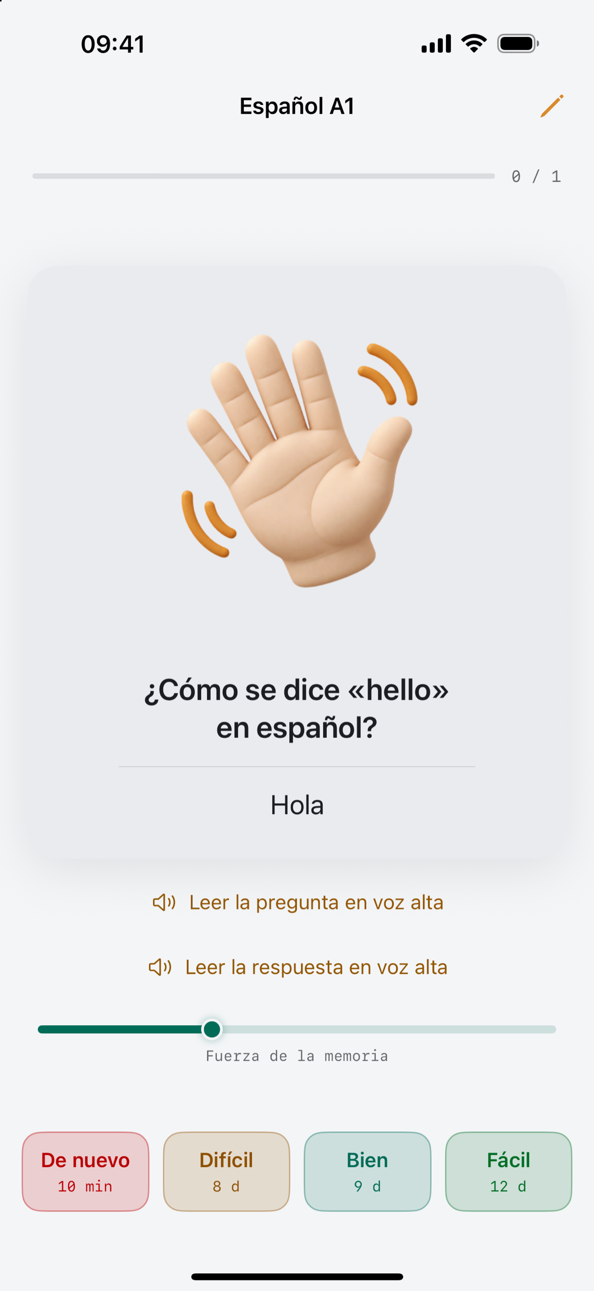 Una tarjeta de estudio de Deckmere en iPhone con la respuesta revelada y las cuatro calificaciones, cada una mostrando su siguiente intervalo.
