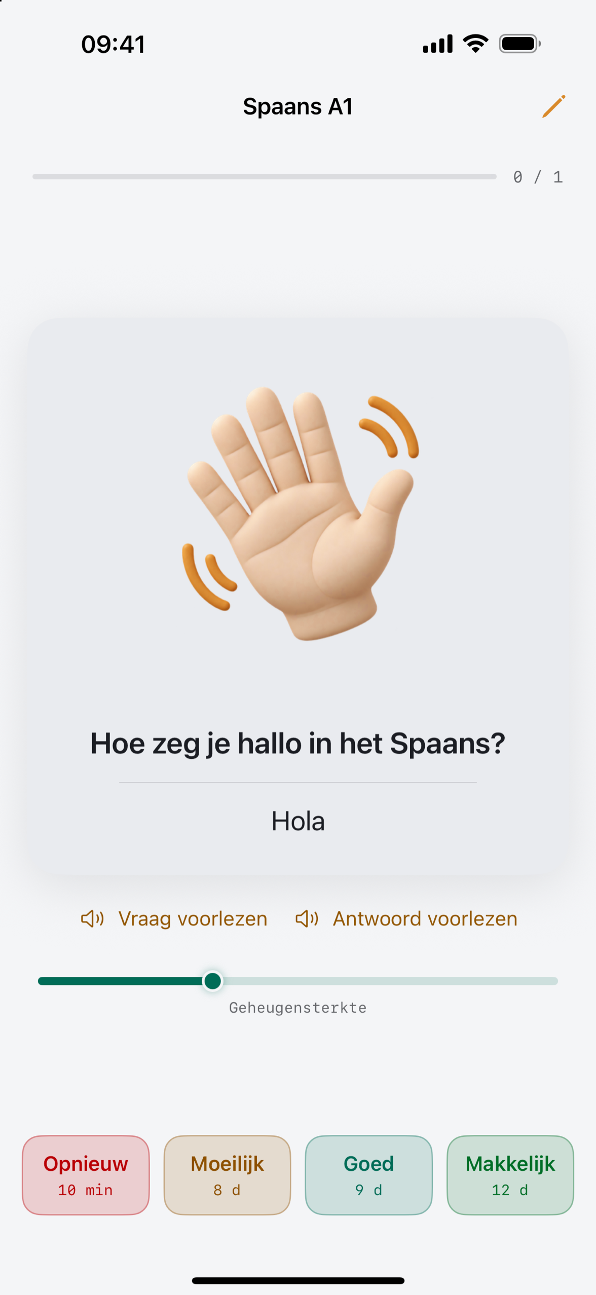 Een Deckmere-leerkaart op iPhone met het antwoord zichtbaar en de vier beoordelingen, elk met het volgende interval.
