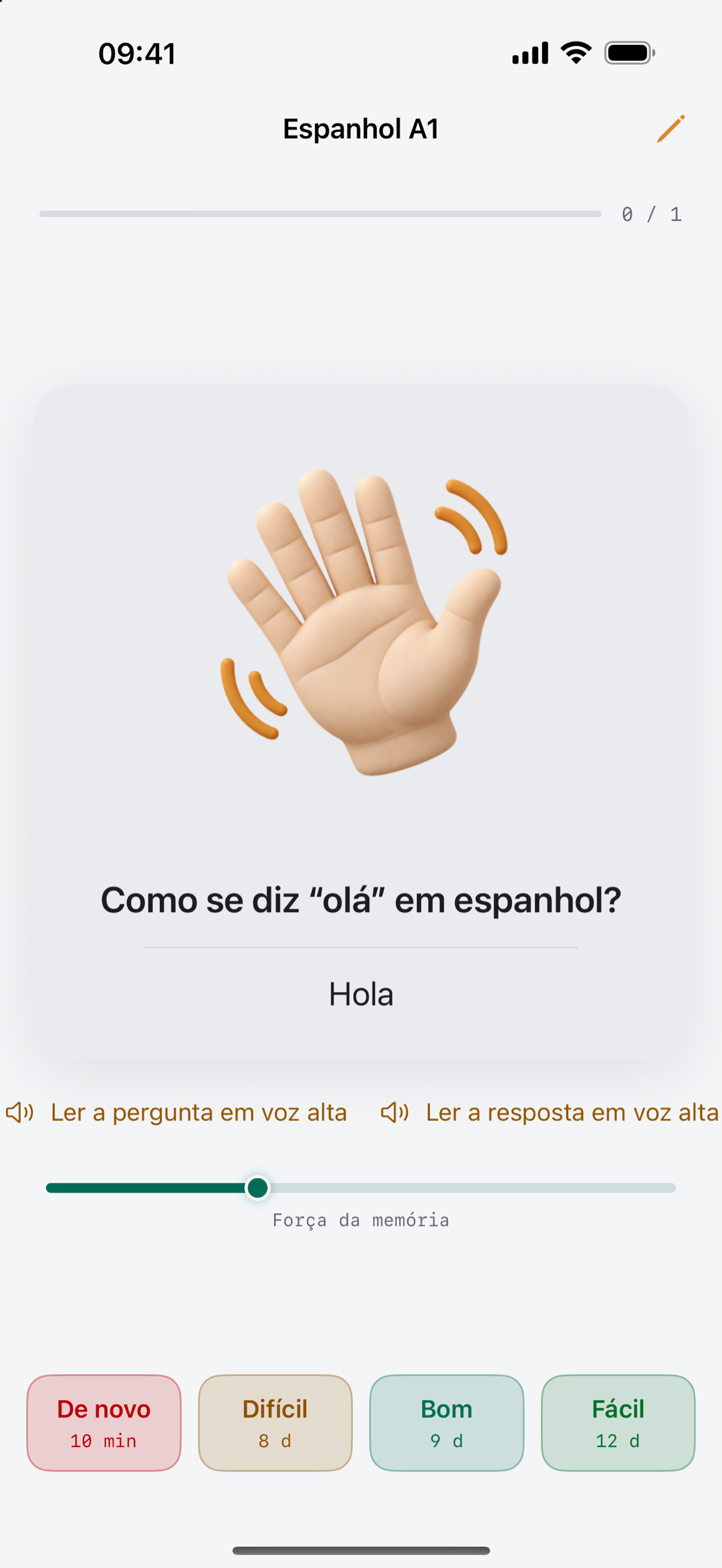 O cartão de estudo da Deckmere no iPhone, com a resposta revelada e as quatro notas, cada uma indicando seu próximo intervalo.