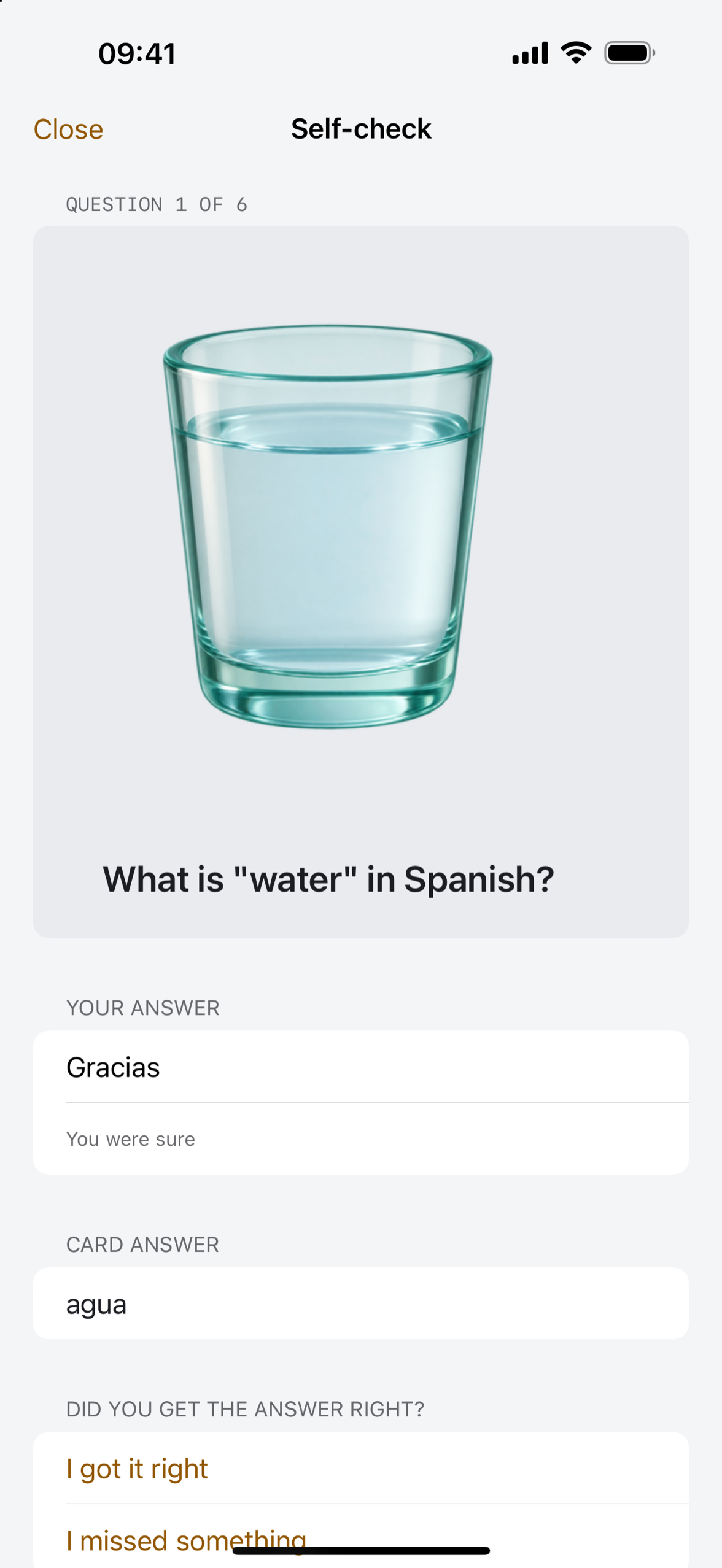 A Deckmere self-check comparing a confident answer with the saved answer on the card
